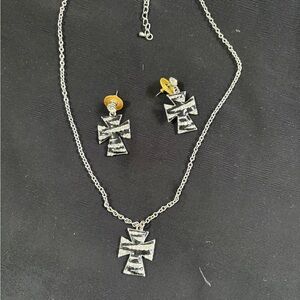 Zebra Design Silver Cross Necklace and Earring Set